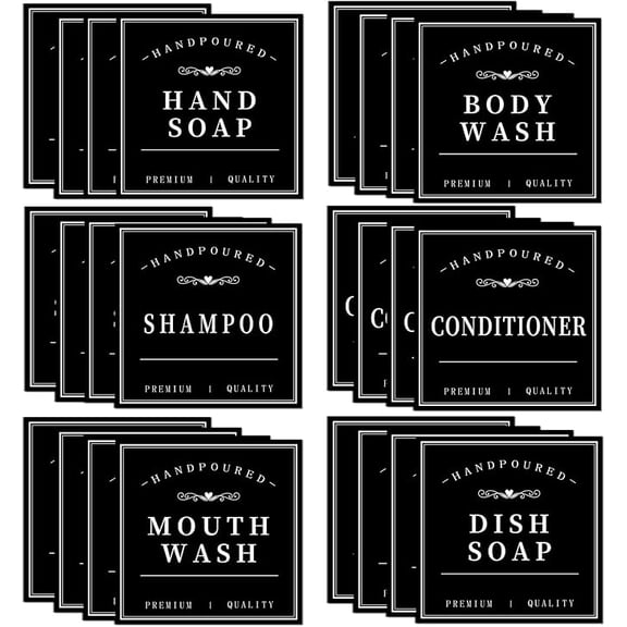 24 Piece Waterproof Soap Bottle Labels Black for Hand Soap Dish Soap Shampoo Conditioner Body Wash
