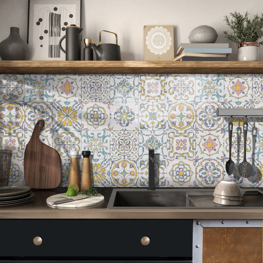 24 Piece Waterproof Vinyl Tiles Stickers 8 x 8in DIY Decor Floral Pattern Self Adhesive Wall Decals Mural Peel and Stick Tile Kitchen Backsplash