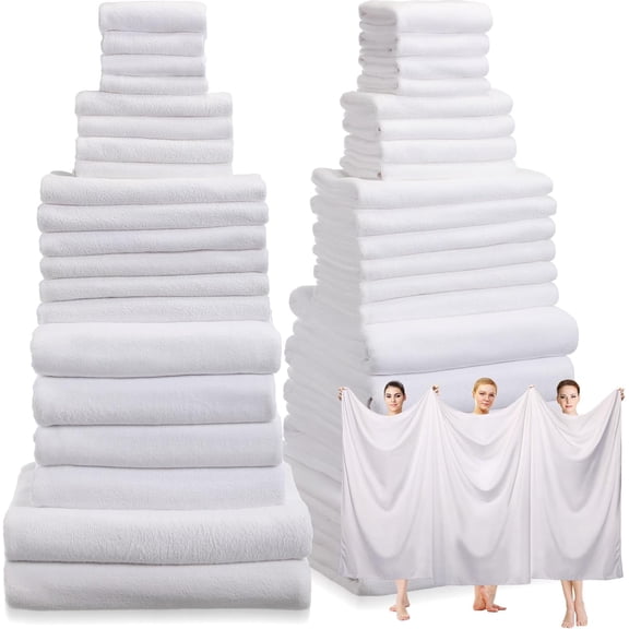 24 Piece White Microfiber Absorbent Towel Set: 2 Oversized Bath Sheets, 4 Bath Towels, 6 Hand, 8 Washcloths, 4 Fingertip for Bathroom Spa Gym Camping Beach