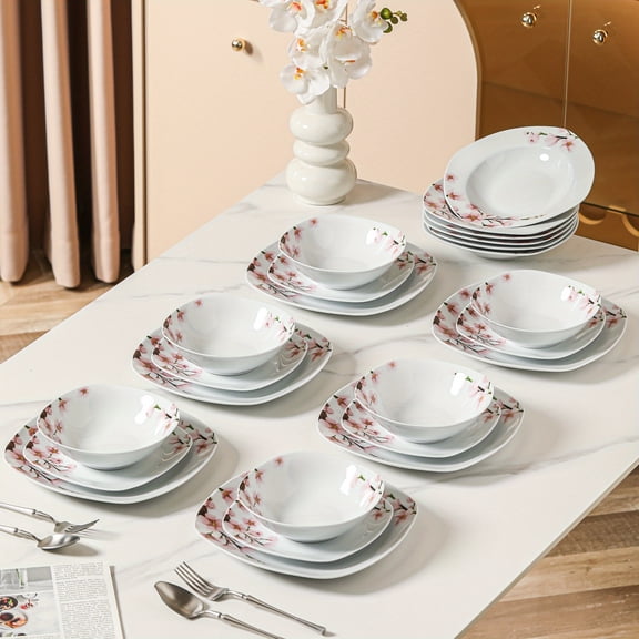 24-Piece White Porcelain Ceramic Dinnerware Set - Modern Square Holiday Tableware for 6 (Plates, Bowls, Soup & Dessert)