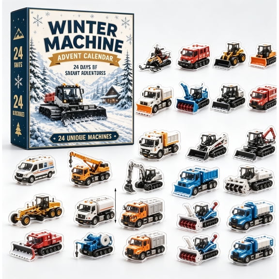 24 Piece Winter Construction Vehicle Acrylic Ornament Blind Box Set / 2D Flat Hanging Charms Advent Calendar Display Collection