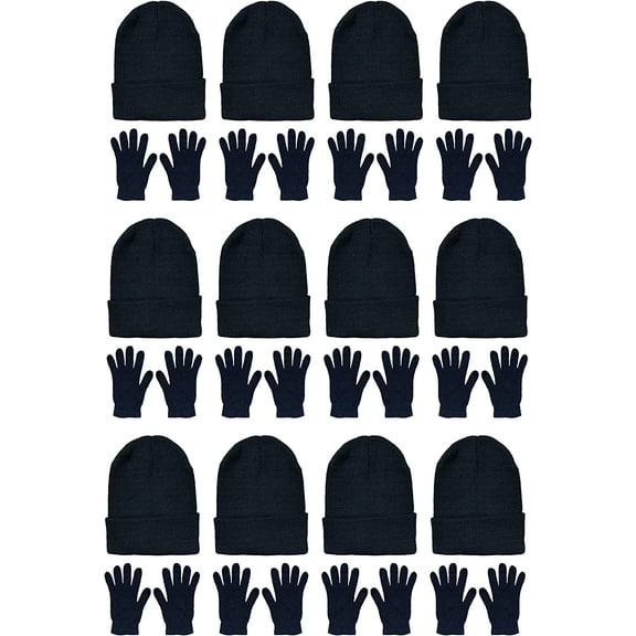 24 Piece Winter Set - 12 Pack Beanie Hats   12 Pairs Winter Gloves, For Men & Women, Bulk Cold Weather Kits