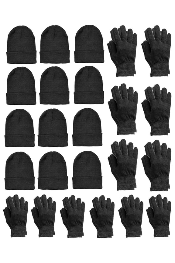 24 Piece Winter Set - 12 Pack Beanie Hats + 12 Pairs Winter Gloves, For Men & Women, Bulk Cold Weather Kits