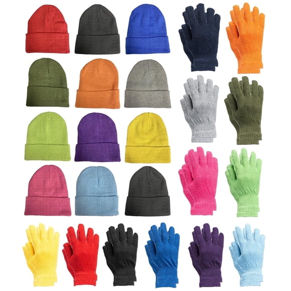 24 Piece Winter Set - 12 Pack Beanie Hats + 12 Pairs Winter Gloves, for Men & Women, Bulk Cold Weather Kits
