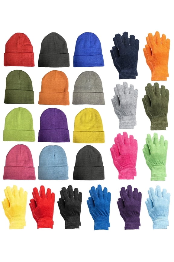 24 Piece Winter Set - 12 Pack Beanie Hats + 12 Pairs Winter Gloves, for Men & Women, Bulk Cold Weather Kits