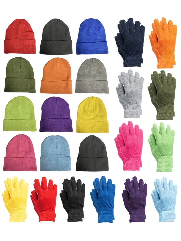 24 Piece Winter Set - 12 Pack Beanie Hats + 12 Pairs Winter Gloves, for Unisex Adult, Bulk Cold Weather Kits