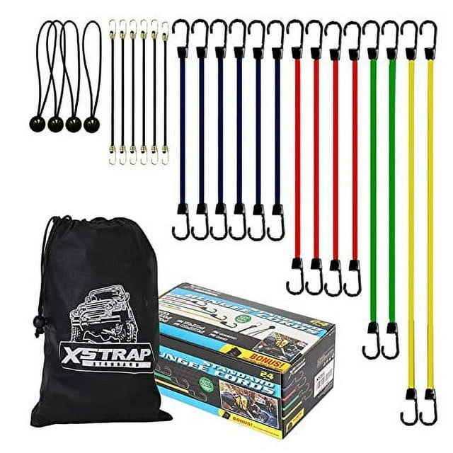 24-Piece  XSTRAP STANDARD Heavy Duty Bungee Cords Set with Hooks - Assorted Sizes Include 10”, 18”, 24”, 32”, 40” Bungee Cords, 4pcs 9'' Ball Ties, and a Convenient Drawstring Bag