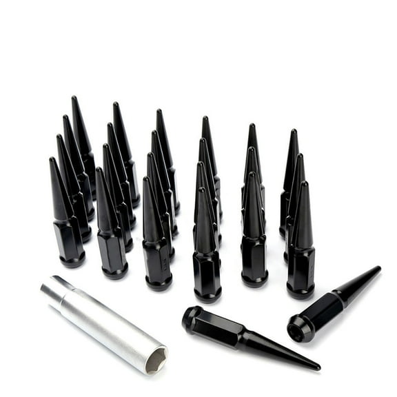 24 Pieces 1/2"-20 RH SAE Extended Spike Lug Nuts Black w/ Socket Key for Cougar