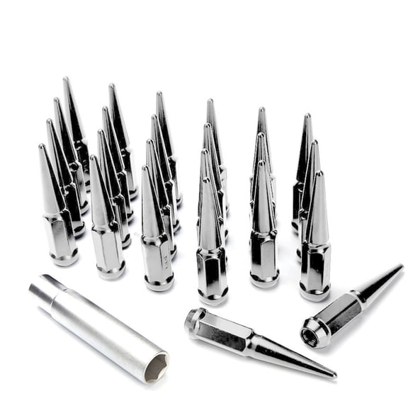 24 Pieces 1/2"-20 RH SAE Extended Spike Lug Nuts Chrome w/ Socket Key for Cougar