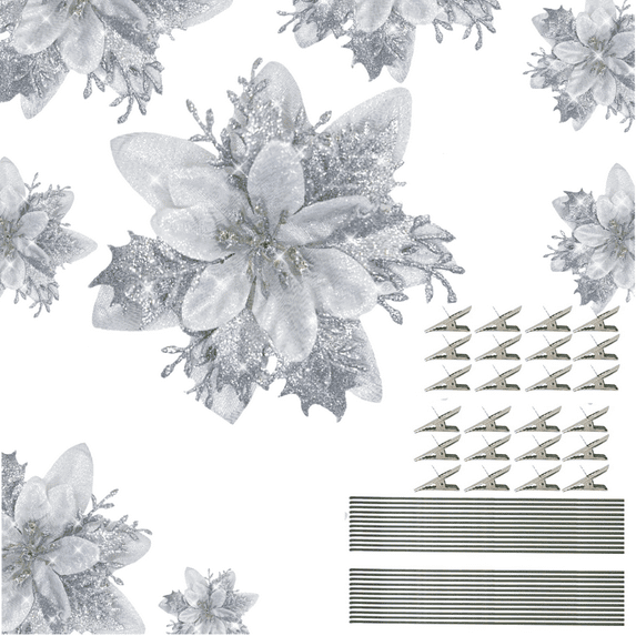 24 Pieces 5.5 Inch Christmas Poinsettia Flower Christmas Glitter Artificial Flower with Clips and Sticks Xmas Tree Ornament for Home Wreath Garland Party Decor