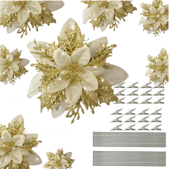 24 Pieces 5.5 Inch Christmas Poinsettia Flower Christmas Glitter Artificial Flower with Clips and Sticks Xmas Tree Ornament for Home Wreath Garland Party Decor