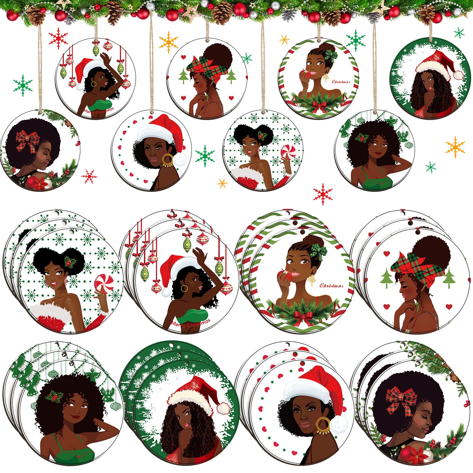 24 Pieces African American OIF8 Christmas Ornament Wooden Christmas