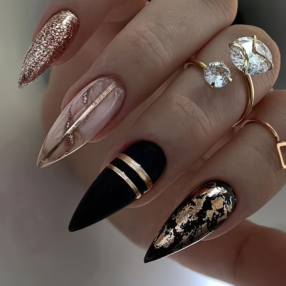 24 Pieces Almond-Shaped Dark Amber Gold Foil Press on Nails - Reusable Chic Nail Art for Effortless Glam