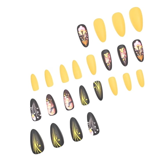 24 Pieces Almond-Shaped Press-On Nails Set - Matte Yellow with Peacock & Butterfly Design for Trendy Nail Art