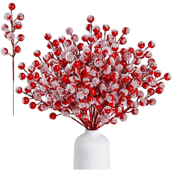 24 Pieces Artificial Holly Berry Stems 8.27" Christmas Berry Picks Sprays Snowy Fake Red Berries for Christmas Tree Branches Fillers Ornaments Valentine DIY Crafts Wedding Home Party Winter Decor