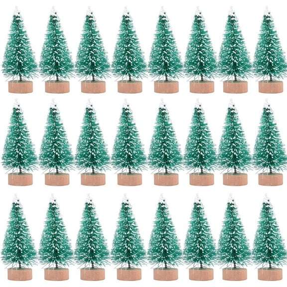 24 Pieces Artificial Mini Christmas Sisal Snow Frost Trees with Wood Base Bottle Brush Trees Plastic Winter Snow Ornaments Tabletop Trees for Christmas Party Home Decoration