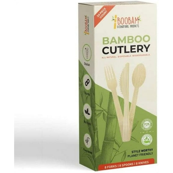 24 Pieces Bamboo Cutlery Set - 8 Spoons, 8 Forks, 8 Knives - 100% Compostable Eating Utensils - Disposable Wooden Tableware by BOOBAM ECONATURAL PRODUCTS