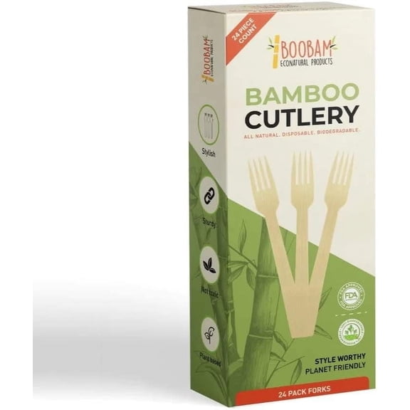 24 Pieces Bamboo Forks - 100% Compostable Eating Utensils - Disposable Wooden Tableware Cutlery for Party, Eating, Camping, Picnic, Wedding, Birthday by BOOBAM ECONATURAL PRODUCTS