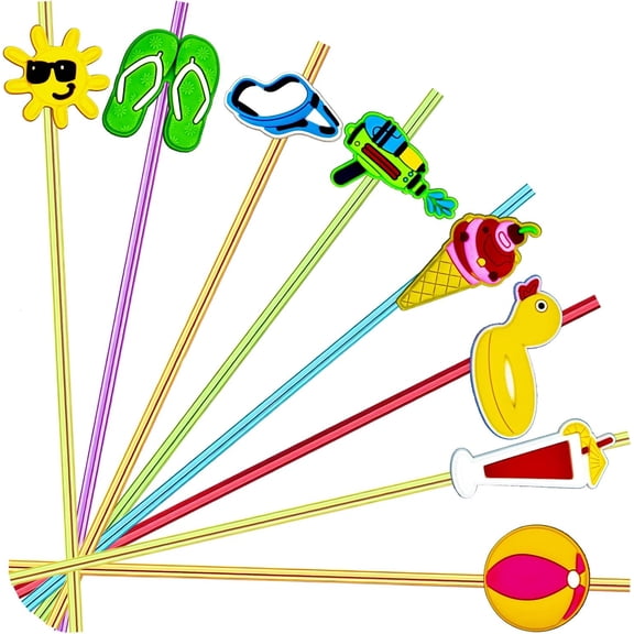 24 Pieces Beach Theme Reusable Plastic Drink Cocktail Straws Beach Ball Pool Summer Birthday Party Favor Decorations(6 Colors Straws)