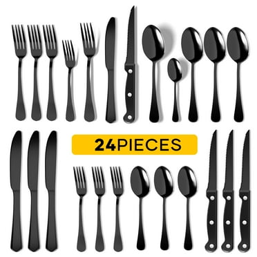 24-Pieces Black Silverware Set with Steak Knives, Stainless Steel Flatware Cutlery Set Service for 4, Utensil Set for Home and Restaurant