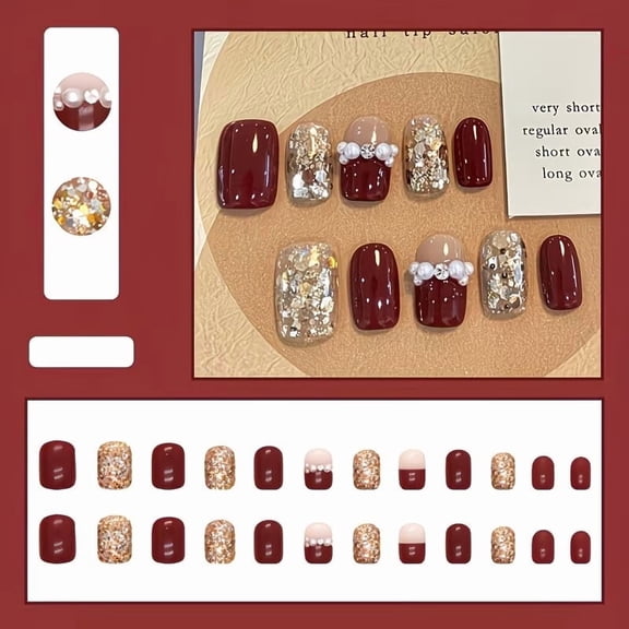 24 Pieces Burgundy Glitter Press on Nails - Festive False Nails for New Year and Bridal Style