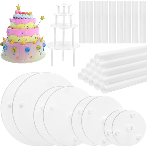 24 Pieces Cake Dowel Rods with 8 Pieces Cake Separator Plates for 4, 6, 8, 10 Inch 4 Tiered Cakes, Plastic Cake Sticks Support Rods and Cake Boards for Cake Construction and Stacking