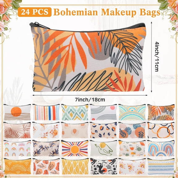 24 Pieces Canvas Makeup Bags Bulk Cosmetic Pouch Travel Toiletry Organizer  x 4 Inch Boho Style