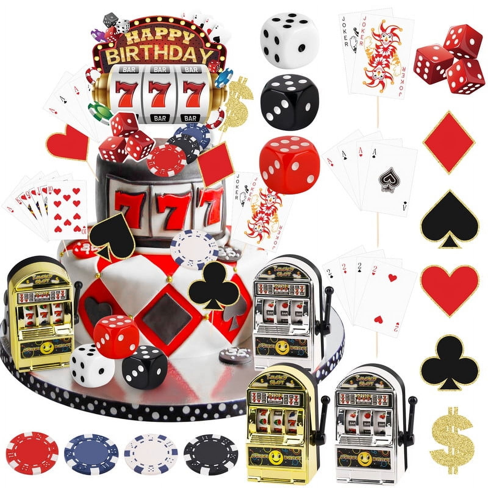 24 Pieces Casino Cake Topper Set with Mini Toy Slot Machine Poker Casino Chips Cupcake Toppers for Las Vegas Game Night Birthday Party Decorations Supplies