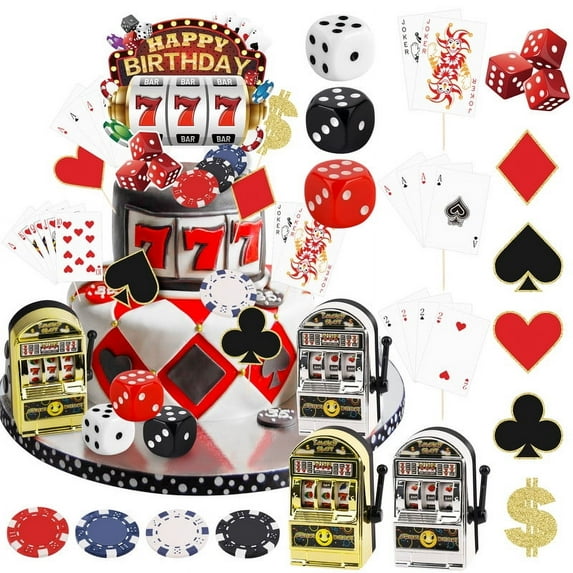 24 Pieces Casino Cake Topper Set with Mini Toy Slot Machine Poker Casino Chips Cupcake Toppers for Las Vegas Game Night Birthday Party Decorations Supplies