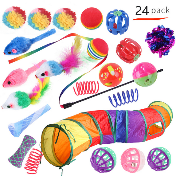 24 Pieces Cat Toys Set, with Collapsible Cat Tunnel for Indoor Cats and 23 Kitten Toys, Cat Tubes and Tunnels Interactive Cat Feather Toy Mouse Crinkle Balls for Cats (Colorful)