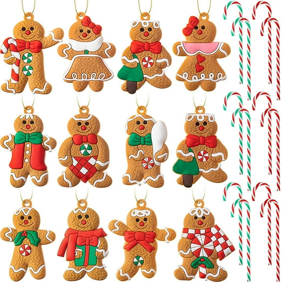 24 Pieces Christmas Candy Canes and Gingerbread Man Ornaments Acrylic Candy Canes Christmas Gingerbread Hanging Ornament Christmas Tree Hanging Decorations for Christmas Tree Home and Party Decor