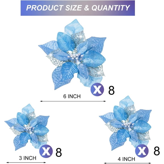 24 Pieces Christmas/Halloween Artificial Glitter Poinsettia Flowers Xmas Flowers Wedding Christmas Tree New Year Ornaments(3in+4in+6in X8)