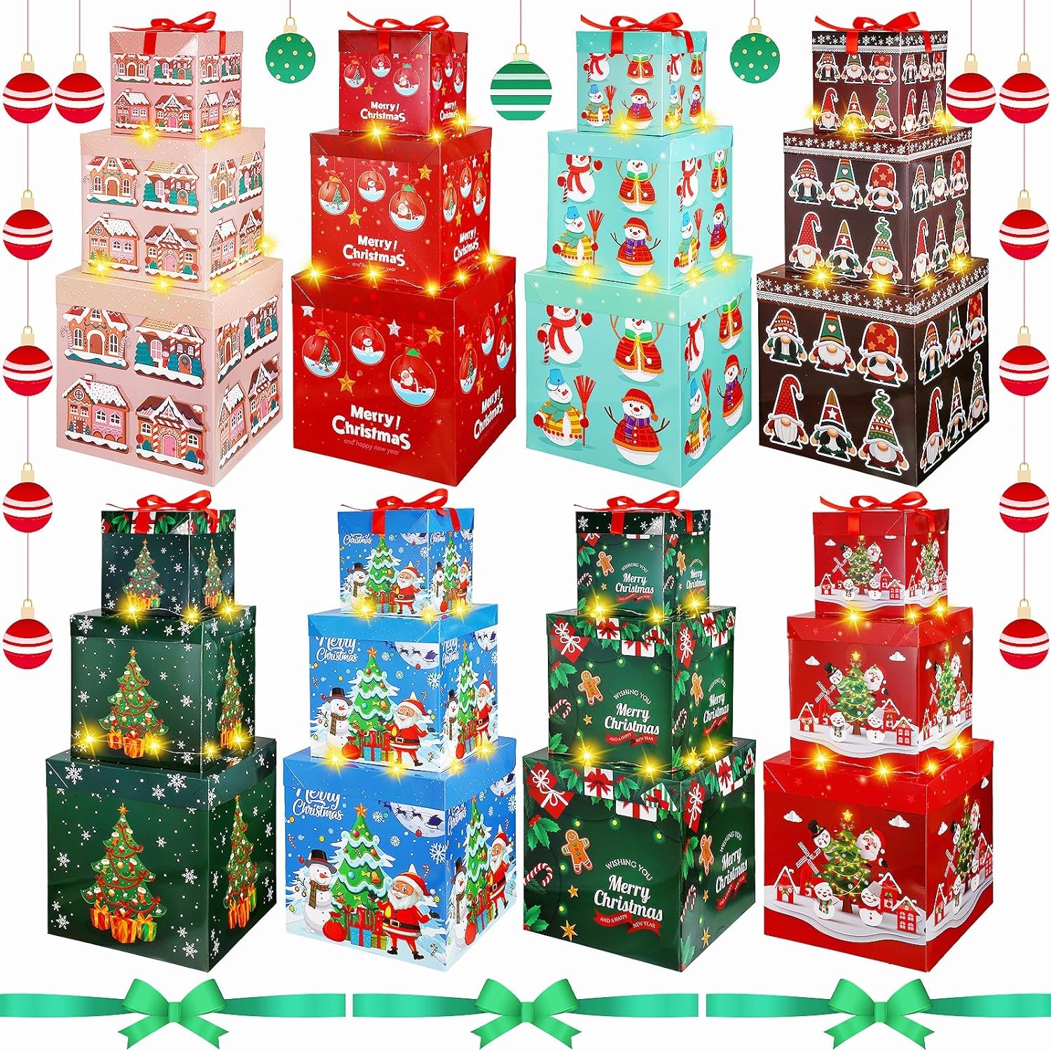 24 Pieces Christmas Stacking Boxes Christmas Nesting LED Gift Boxes