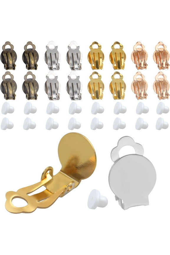 24 Pieces Clip on Earring Converter Non-Pierced Earrings Components with 24pcs Earring Pads for Earring Making,4 Colors(Gold,Silver,Bronze,Rose Gold)