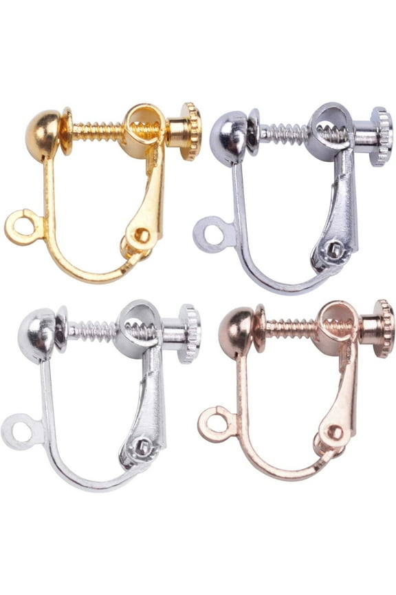 24 Pieces Clip-on Earring Findings Components Screw Back Ear Wire Non Pierced Earring Converter with Loop for Jewelry Making, 4 Colors