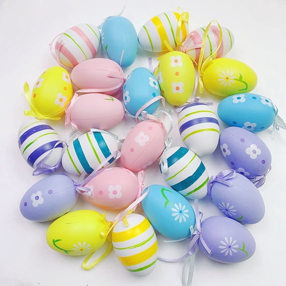 24 Pieces Colorful Easter Hanging Eggs Painted Easter Eggs Plastic Easter Hanging Ornaments for Easter Tree, DIY Crafts, Home Decoration - 2.4 x 1.6 Inches