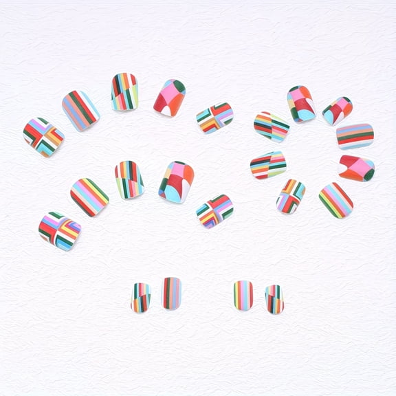 24 Pieces Colorful Striped Plaid Matte Press On Nails Set - Trendy Home Manicure for Effortless Style
