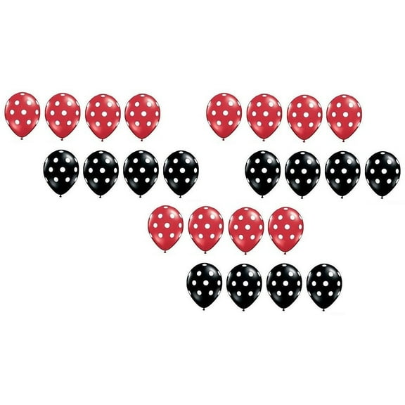 24 Pieces Count 11" BLACK and RED with White Dots Polka Dot Qualatex Brand Air or Helium Ladybug Dotted Latex Party Balloons Set