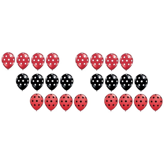 24 Pieces Count 11" BLACK and RED with White and Black Polka Dots Qualatex Brand Air or Helium Ladybug Dotted Latex Party Balloons Set
