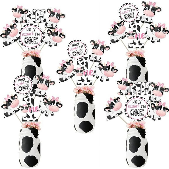 24 Pieces Cow First Birthday Centerpiece Sticks, Holy Cow Im One Moo Moo Table Toppers, Farm Animals Cow Print 1st Birthday Decorations for Girls Pink