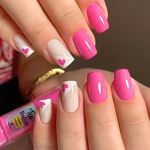 24 Pieces Cute Pink and White Medium Square Press On Nails Set with Heart Decoration for Girls and Women