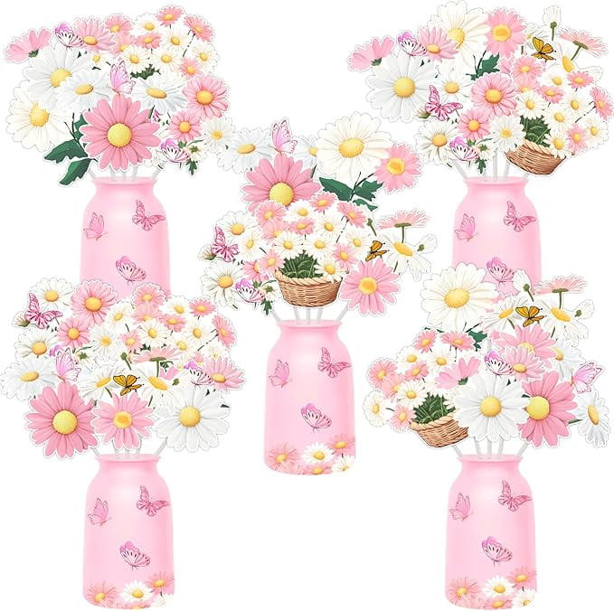 24 Pieces Daisy Flower Birthday Decorations, Daisy Butterfly Centerpiece Sticks for Tables, Pink Daisy Table Toppers for Girls, Boho Groovy Theme Birthday Baby Shower Party Supplies