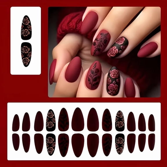 24 Pieces Dark Red Rose Press-On Nails Set - Almond Shape, Matte Finish, Reusable Floral Design