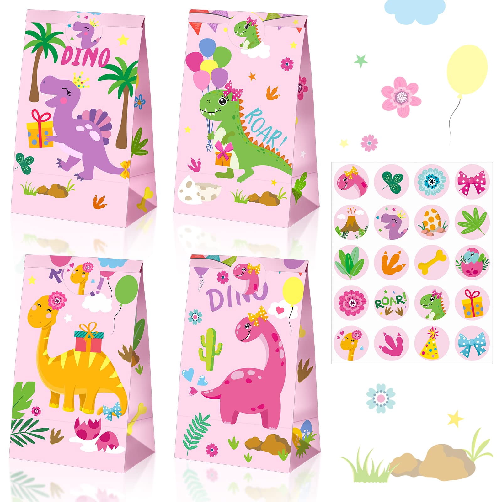 24 Pieces Dinosaur Party Bags Dino Candy Favor Bags with Stickers Pink — free download