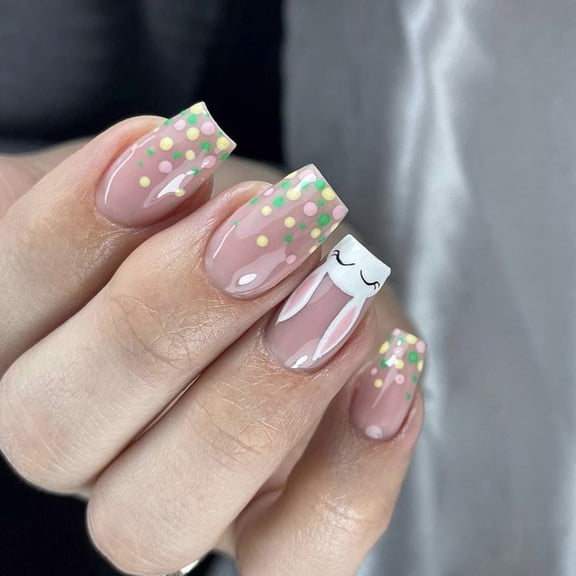 24 Pieces Easter False Nails Square Rabbits Manicure Nails Art Easy Application for WomenGirls