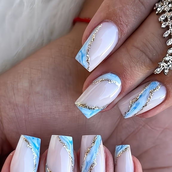 24 Pieces Elegant Blue Medium Square Press on Nails Set with Gold Glitter Line Design - Effortless Glamour for Every Occasion