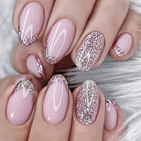 24 Pieces Flashing Pink Red French Press-On Nails Set - Stylish Short Round Nails for Women