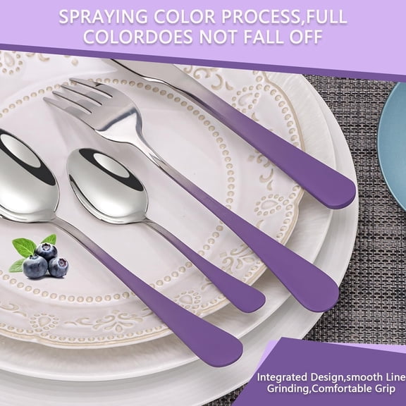 24 Pieces Flatware Set, Stainless Steel Cutlery Set with Silverware Holder, Modern Eating Tableware Set Includes Dinner Knives Forks Spoons,Hanging Silverware Set Service for 6 (Purple)