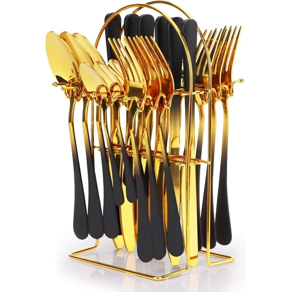 24 Pieces Flatware Set, Stainless Steel Cutlery Set with Silverware Holder, Modern Gold Silverware Set Includes Dinner Knives Forks Spoons,Hanging Silverware Set Service for 6 (Black)