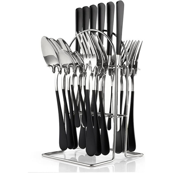 24 Pieces Flatware Set, Stainless Steel Cutlery Set with Silverware Holder, Spoons Forks Knives Set,Hanging Silverware Set Service for 6,Durable Stainless Steel Utensils Set (Black)